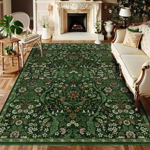 Dark Green 5x7 Botanical Floral Washable Area Rug for Living Room & Home