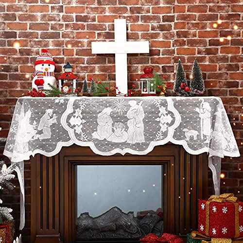 Tegeme Christmas Fireplace Scarf White Lace Jesus Garland Decoration Christmas White Lace Jesus Garland Scarf Fireplace Cloth Indoor Christmas Decorations for Home Living Room, 20 x 90 Inches