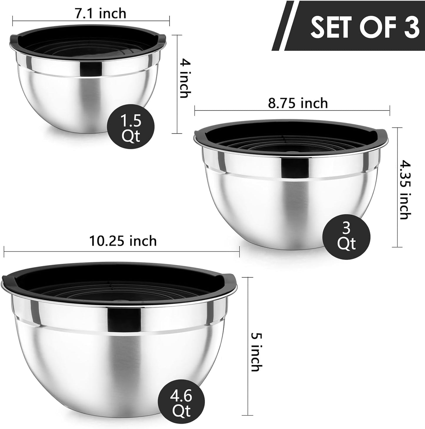 P&P CHEF Mixing Bowls Set - 3 Stainless Steel Bowls with Lids | Airtight, Stackable, 4.6/3/1.5 QT