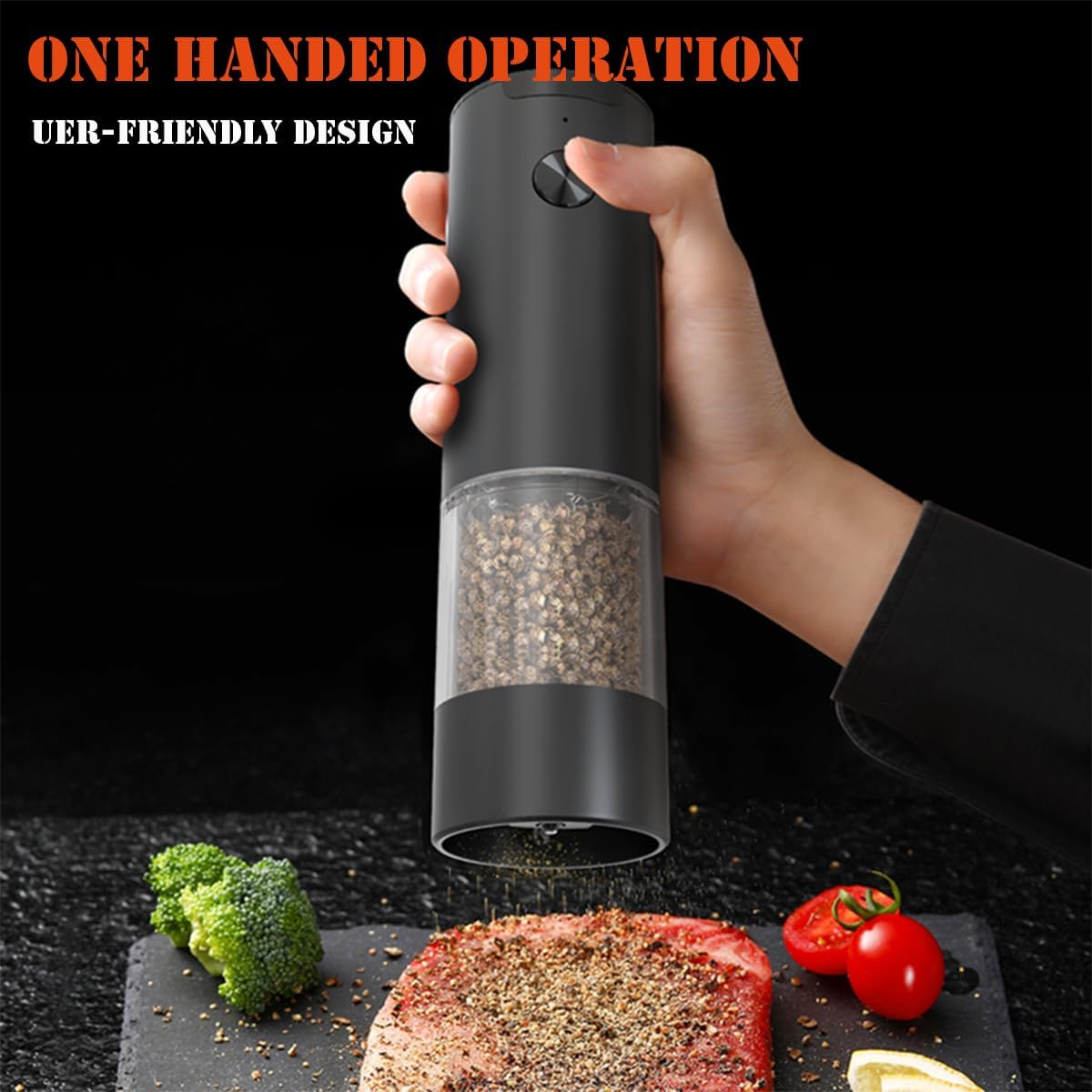 Skiennix Electric Salt and Pepper Grinder Set - Automatic Mill Shakers with LED Light & Adjustable Coarseness - Black