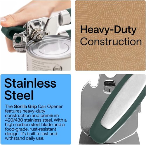 GORILLA GRIP Heavy Duty Manual Can Opener - Stainless Steel, Comfortable Handle, Hunter Green