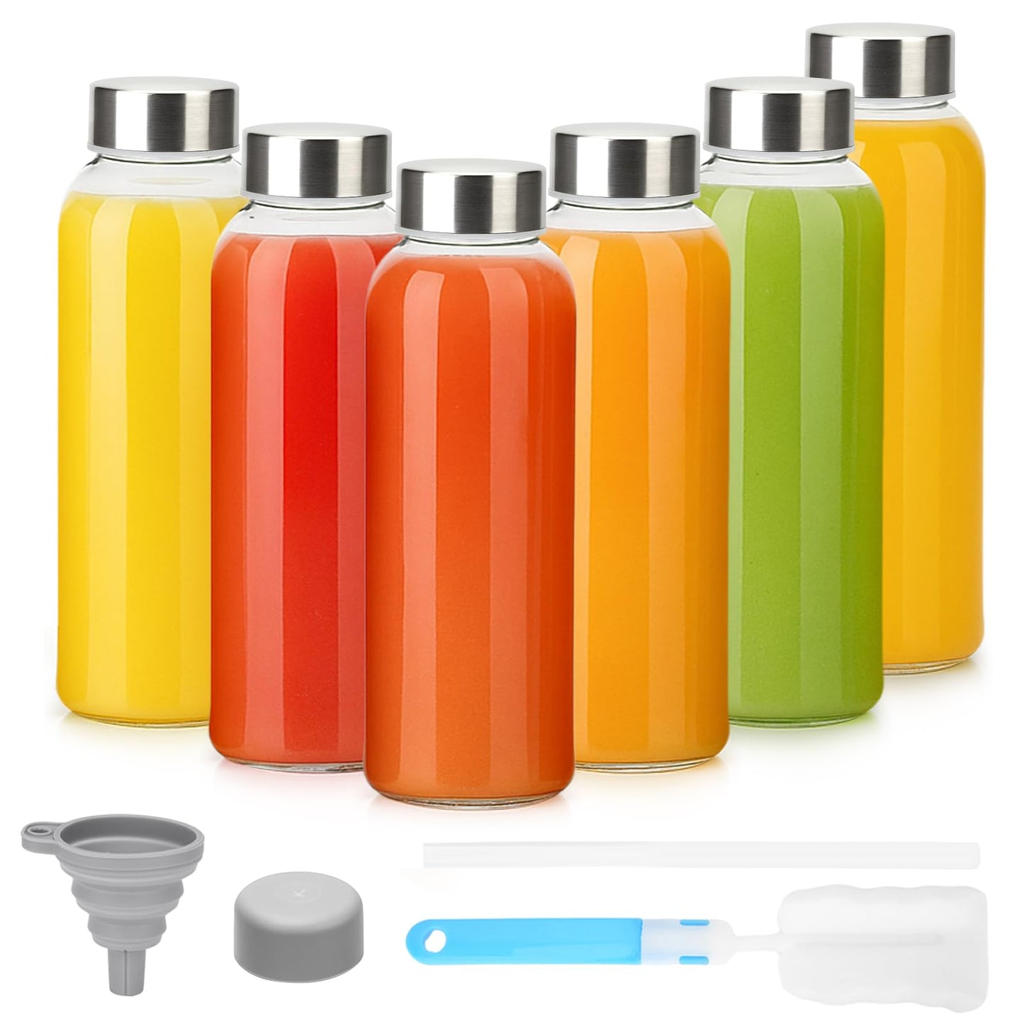 Luxfuel Glass Juice Bottles with Lids 10oz, 6 Pack Reusable Glass Water Bottle with Stainless Steel Caps & Straws, Leak Proof, BPA-Free – Small Juice Bottles for Juicing, Smoothies & Fridge Storage