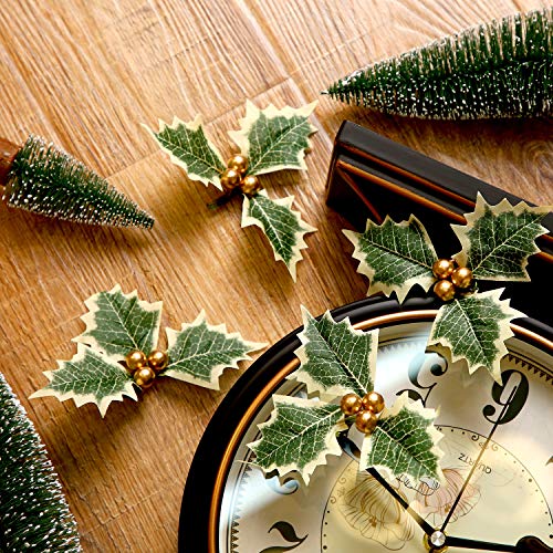 Artificial Holly Berry with Leaves (30 pcs) Christmas Wreath & Cake Topper Set, Gold Accents
