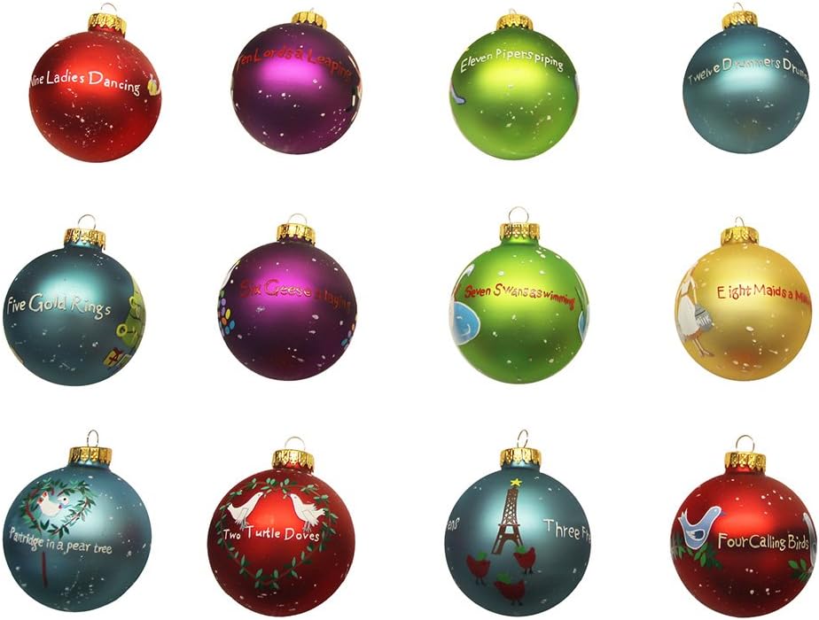Kurt Adler Twelve Days of Christmas Ball Ornaments - 65mm Set of 12 for Festive Decor