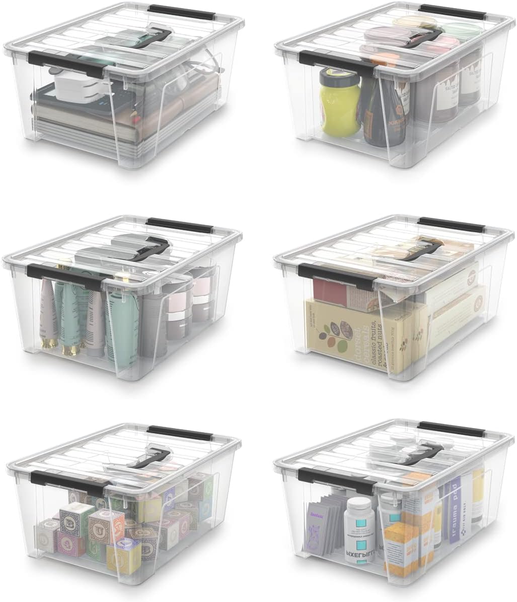 WYT Clear Storage Latch Bins - 6-Pack Organizer Box with Handles & Lids | 5-Litre Capacity