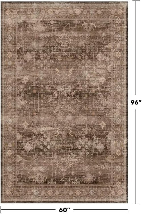 Hazo Haus Taupe Brown 5x8 Area Rug - Vintage Traditional Geometric Design, Washable & Non-Slip for Living Room, Dining, Home Office