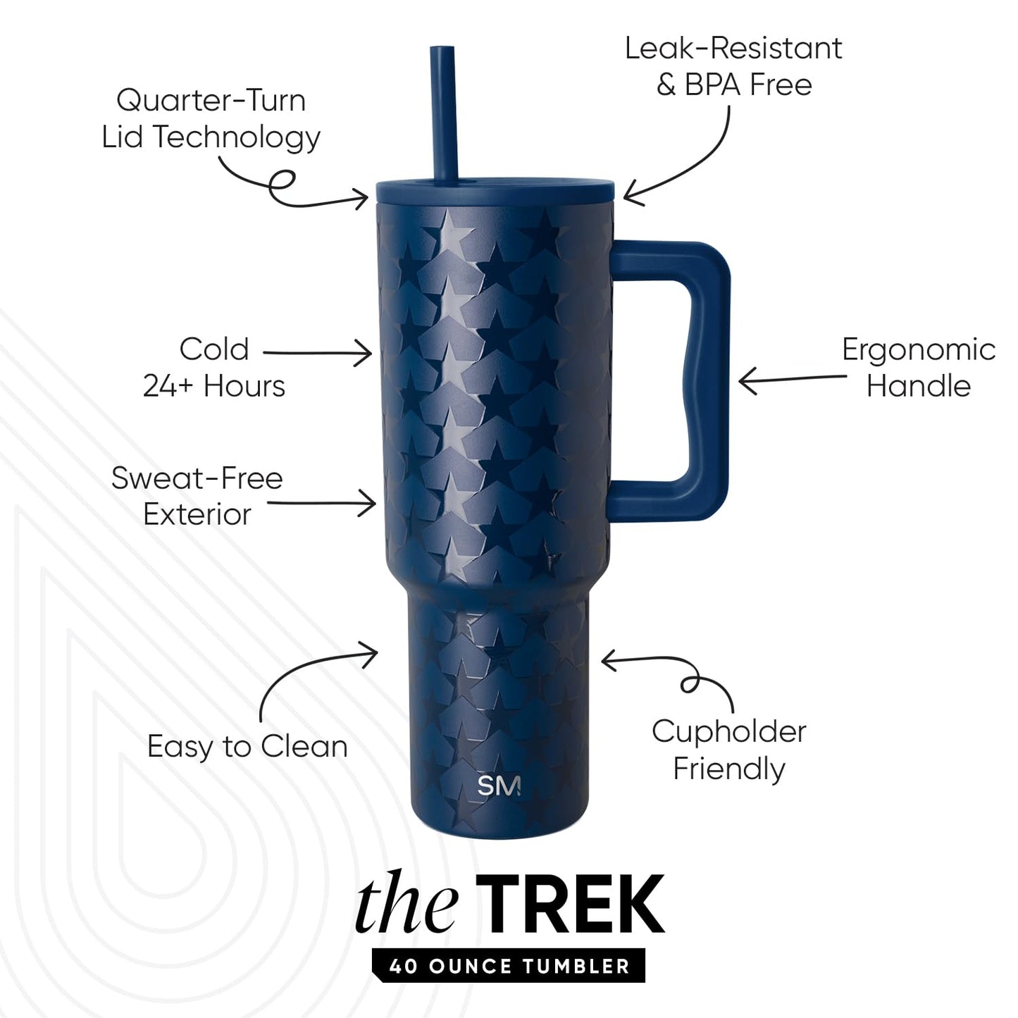 Simple Modern 4th of July 40 oz Trek Tumbler with Handle and Straw Lid | Cup Holder Friendly Insulated Stainless Steel Travel Mug | Stars Navy