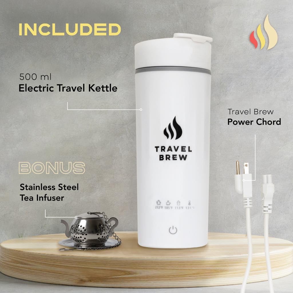 TRAVEL BREW Portable Travel Kettle with Tea Infuser- Mini Electric Kettle with 4 Temperature Settings, with Auto Shut-Off & Boil Dry Protection (White)