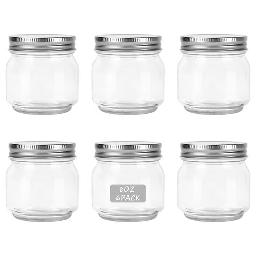 HOXHA 6 Pack Glass Regular Mouth Mason Jars, 8 oz Clear Glass Jars with Lids for Sealing, Canning Jars for Food Storage, Overnight Oats, Dry Food, Snacks, Candies, Jam, Honey