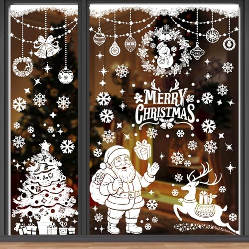 AhfuLife Large Christmas Window Clings Decorations, 35.4 x 11.8 in, 6 Sheets Double Side Xmas Snowflake Santa Reindeer Snowman Window Decals Stickers for Home Glass Party Indoor Decorations