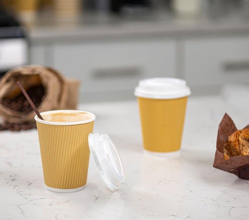 GUSTO Comfy Package [12 oz. - 50 Sets] Insulated Kraft Ripple Paper Hot Cups, Disposable Coffee Cups With Lids - Ideal for Hot Beverages, Travel, and Office Use