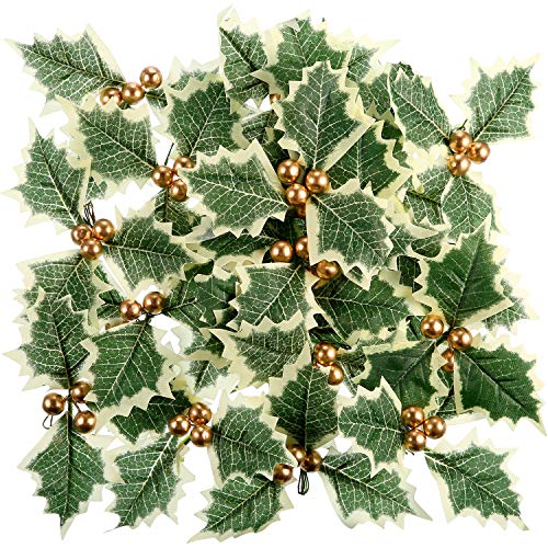 Artificial Holly Berry with Leaves (30 pcs) Christmas Wreath & Cake Topper Set, Gold Accents