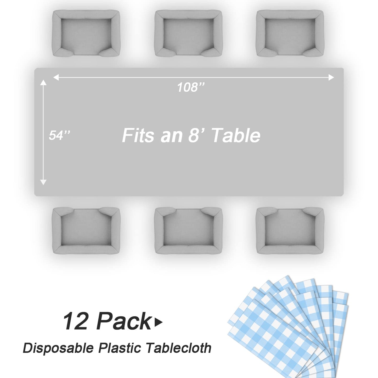 QIKSION Light Blue Gingham Tablecloth Disposable 12 Pack, 54 x 108 Inch Blue and White Checkered Table Cloth for Baby Shower, Easter Decorations, Birthday Party, Rectangle, Plastic Table Cover