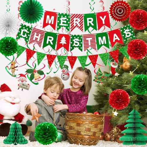 Fecedy MERRY CHRISTMAS Hanging Paper Banner Pom poms Paper flower Fan Swirl Streamers&Christmas tree Santa Claus Banner For Merry Christmas Party Decorations
