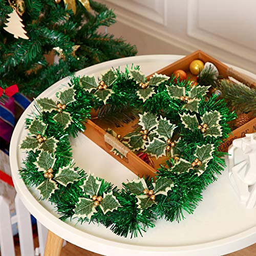 Artificial Holly Berry with Leaves (30 pcs) Christmas Wreath & Cake Topper Set, Gold Accents