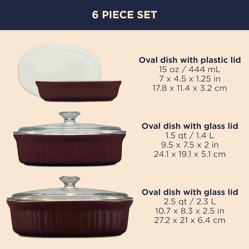 CorningWare Ceramic Bakeware Set - Chip & Crack Resistant Stoneware | 6-Piece French Cabernet, Safe for Microwave & Oven