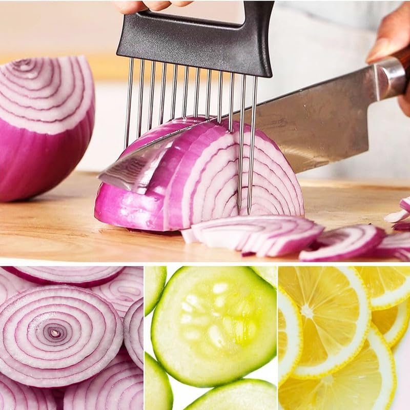 Onion Holder for Slicing, Onion Cutter Vegetable Chopper, Stainless Steel Slicer for Potato, Avocados, Eggs, Food Slicer Assistant Tool for Fruit Lemon and Meat (1)