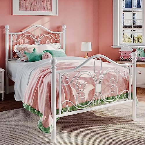 Twin Size Metal Bed Frame with Butterfly Headboard - White