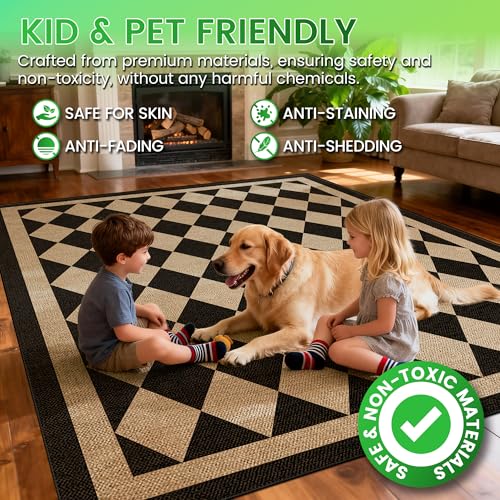 5' x 7' Checkered Jute-Style Indoor Outdoor Rug - Black, Washable, Lightweight