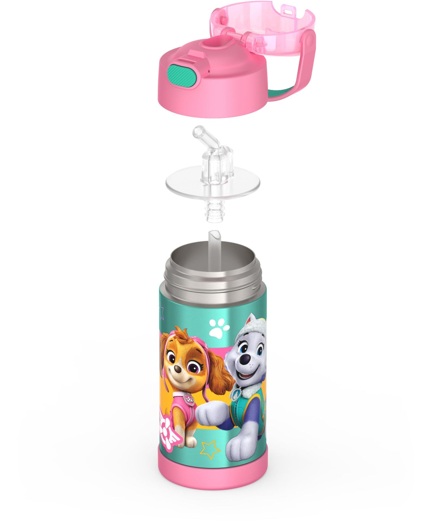 THERMOS FUNTAINER Water Bottle with Straw - 12 Ounce - Kids Stainless Steel Vacuum Insulated Water Bottle with Lid, Paw Patrol Girl