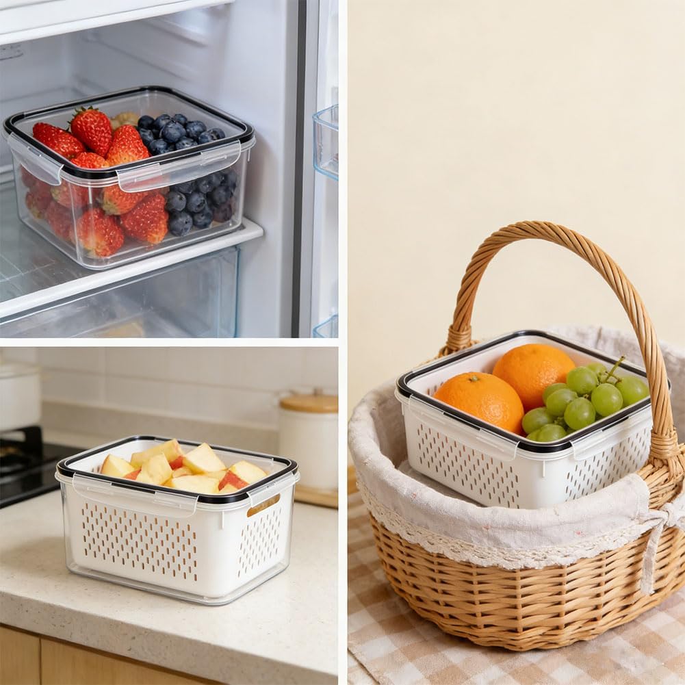 Skiennix Fruit Storage Containers - Transparent Plastic with Removable Colanders | 4-in-1 Vegetable Box (Gray, S+M)