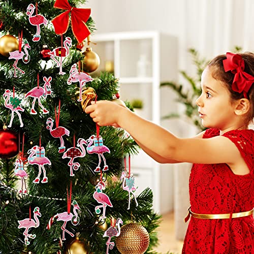 Blulu Christmas Flamingo Ornaments - Wooden Pink Hanging Decor, Set of 12, Flamingo Style