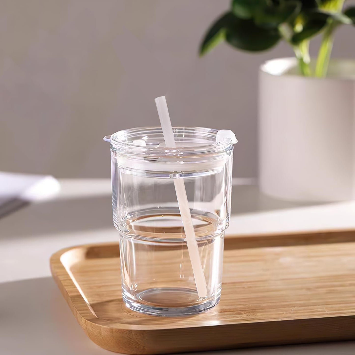 Luxfuel 13 oz Tumbler Water Glass Cups with Straw & Lid, Reusable Iced Coffee, Tea Cups, Leak-Proof Thick Wall Travel Glass Tumbler for Home, Office, Car Cup Holder Friendly, BPA Free (Amber, 2 Pack)