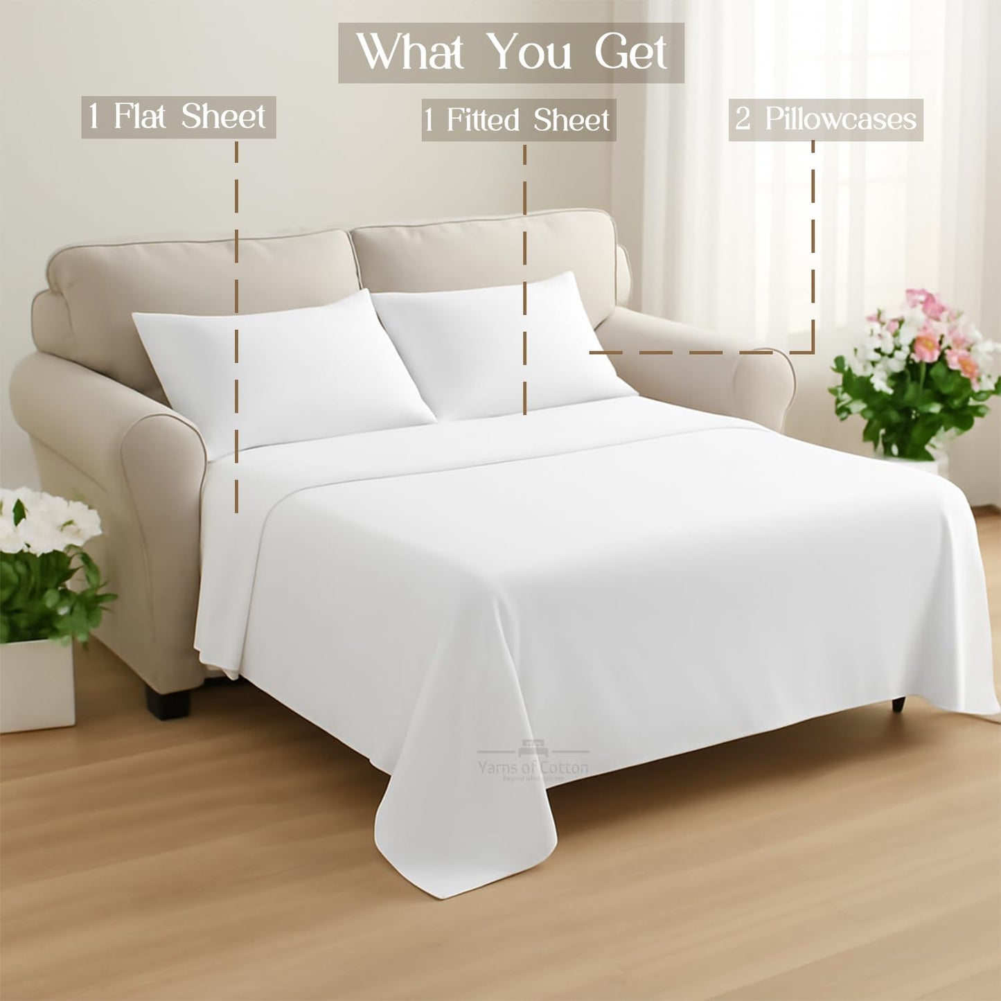 Sleeper Sofa 4 Piece Bed Sheet Set Premium Quality 100% Cotton 500 Thread Count, Smooth & Super Soft Sateen Weave, Extra Soft Bed Sheets, Wrinkle Free, 6 Inch Deep Pocket (Queen, White)