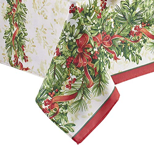 Newbridge 120x60 Inch Christmas Holly Ribbon Tablecloth - Holiday Festive Decor