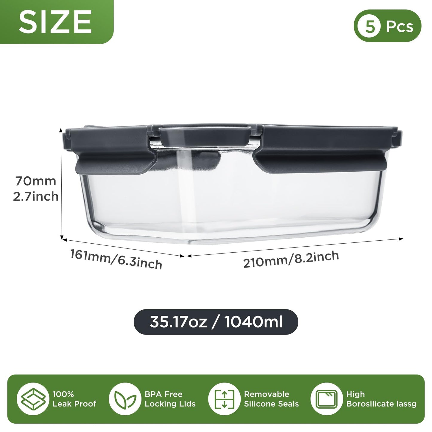 Spreccio Glass Food Storage Containers with Lids, 5 Pack of 36oz, Glass Meal Prep Container with Airtight Lids, Microwave Safe Food Container Set, BPA Free, LeakProof, Ideal for Lunch