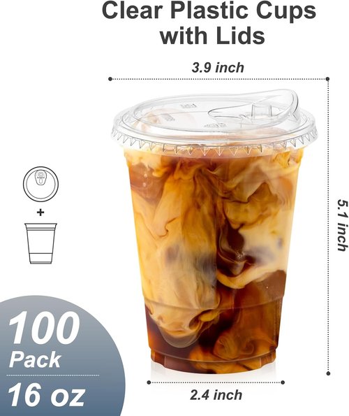 Dealusy 100 Pack - 16 oz Clear Plastic Cups with Lids | Sturdy, Food Safe Iced Coffee & Smoothie Cups