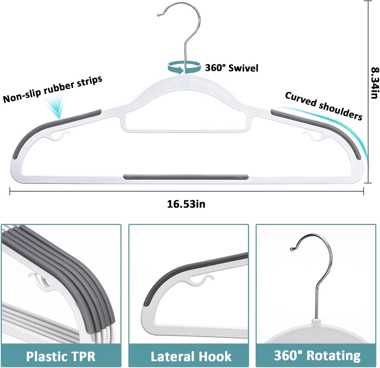 Skiennix 30-Pack Plastic Clothes Hangers - Space-Saving, Non-Slip, 360° Swivel Hook, Slim Design in White & Dark Gray