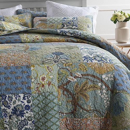 Wistown Rustic Sage Green Patchwork Queen Cotton Bedspread Quilt Reversible Coverlet