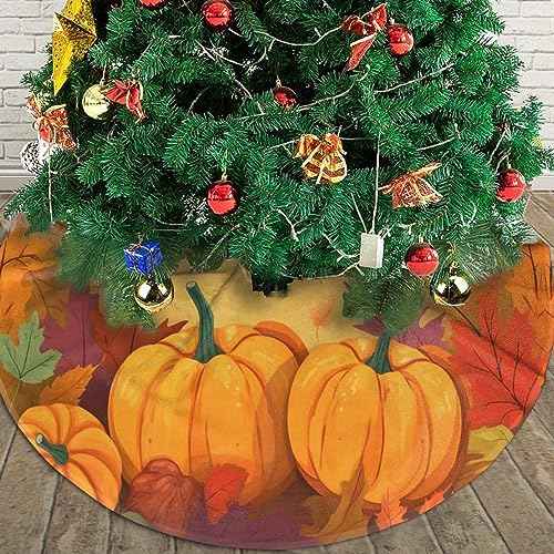 Fall Maple Pumpkins Christmas Tree Skirts, 30" Thanksgiving Xmas Trees Skirts Tree Cloth Mats for All Season Decorations for Party Home Outdoor
