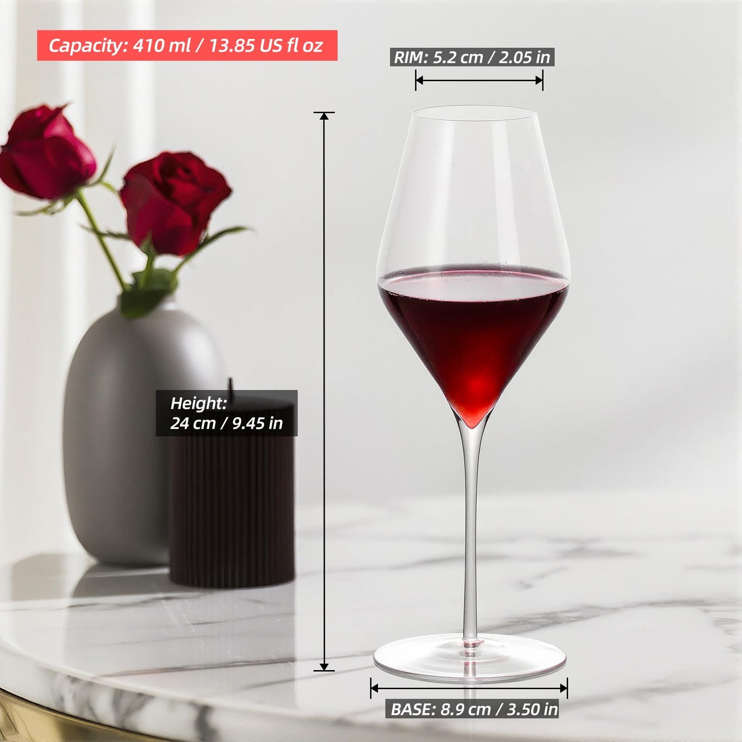 KAMMAK Wine Glasses Crystal Red and White Wine Glasses Set of 2, 13.8oz Hand Blown Bordeaux Wine Glass with Long Stem, Thin Glassware for Wine tasting, Birthday Gift, Party, Anniversary (GYH22)