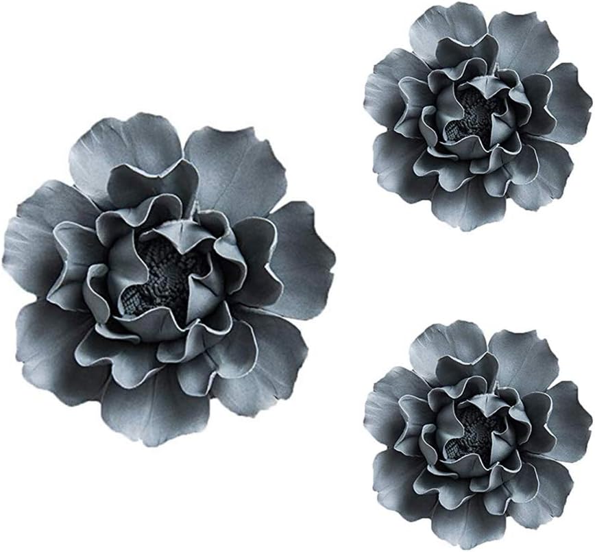 3 PCS/Set Peony Ceramic Magnolia Flower Wall Decor 3D Flower Art for Living Room Home Hallway Bedroom Kitchen Farmhouse Bathroom Dining Room, Grey(4.72 in*1, 3.54 in*2)