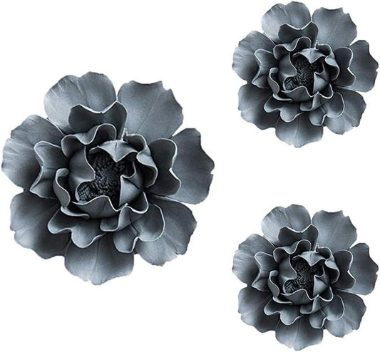 3 PCS/Set Peony Ceramic Magnolia Flower Wall Decor 3D Flower Art for Living Room Home Hallway Bedroom Kitchen Farmhouse Bathroom Dining Room, Grey(4.72 in*1, 3.54 in*2)
