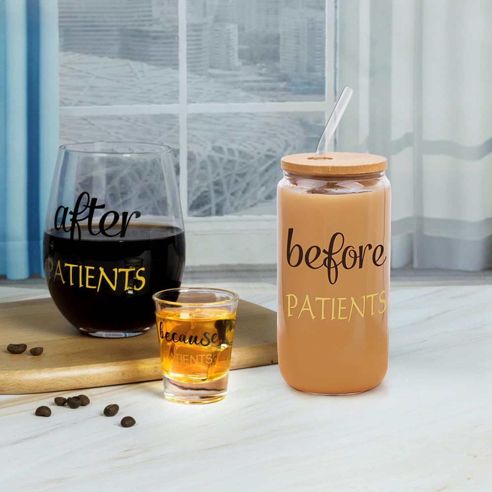 PUGED Before After Because Patients Gift Set 16 Oz Can Glass 18 oz Stemless Wine Glass and 2 oz Shot Cup Funny Gifts for Dentist Doctors Nurses Day Graduation (Black)