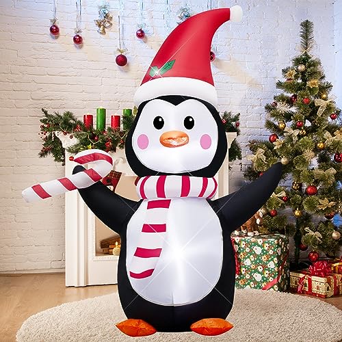 AJY 4FT Inflatable Christmas Penguin with Candy Cane & LED Lights - Holiday Yard Decor