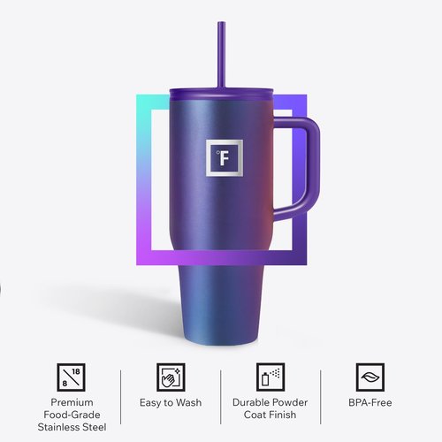 IRON °FLASK Co-Pilot Insulated Mug w/Straw & Flip Cap Lids - Cup Holder Bottle for Hot, Cold Drink - Leak-Proof - Water, Coffee Portable Travel Mug - Lavender, 32 Oz