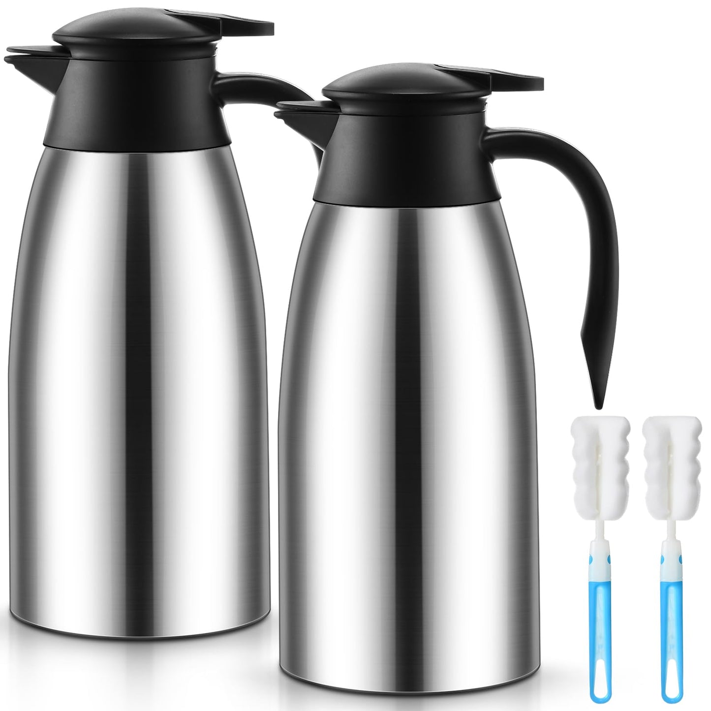 Norme 2 Pcs Thermal Coffee Carafe Insulated Stainless Steel Coffee Carafe for Hot Liquid Vacuum Thermal Pot Creamer Pitcher Dispenser with Brushes Keeping Hot Water Milk(Silver,68 oz)