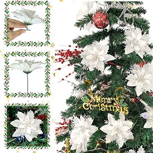 15 Pcs Christmas Flowers Artificial Poinsettia Flower Decorations with Clips and Stems, Glitter Christmas Poinsettia Decorations, Christmas Tree Ornaments for Party Wreath DIY£¨White£©