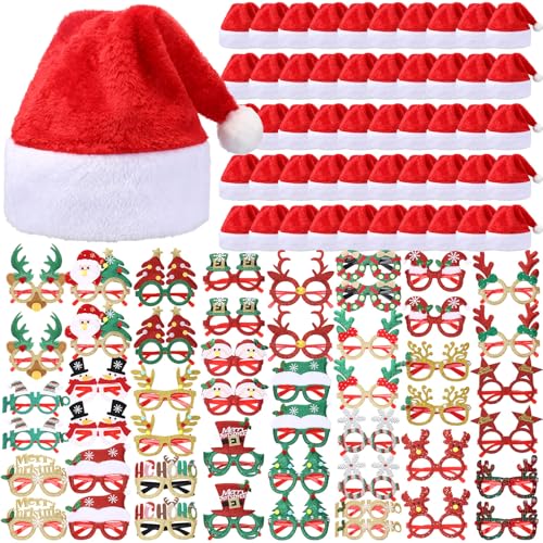 Toulite 100 Pcs Christmas Party Favors Set with Santa Hats & Festive Glasses, Classic Styles