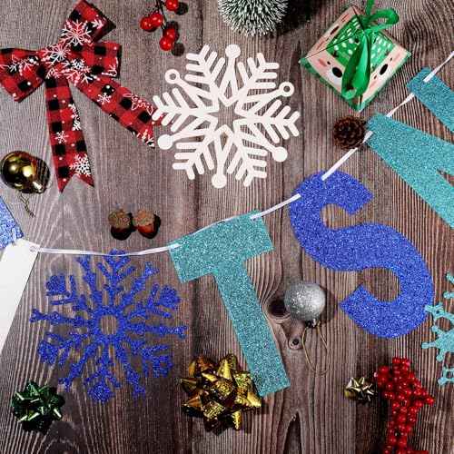 Outus 3 Pieces Let It Snow Banner, Glitter Winter Snowflake Garland Banner, Snowflake Hanging Ornaments for Christmas Holiday Party Decorations New Year Festive Party Supplies (Blue,White)