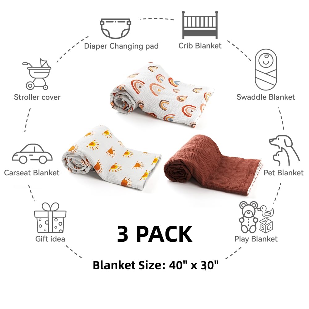3 Pack Soft Boho Baby Gender Neutral Blankets for Newborn Baby Girls or Boys Unisex Nursery Toddler Baby Throw Blanket Double Layer Blankets with Dotted Backing Sun Rainbow Printed (Boho)