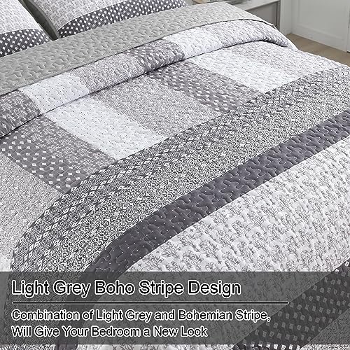 Grey Queen Size Boho Striped Quilt Set - Reversible Bedspread with Pillowcases
