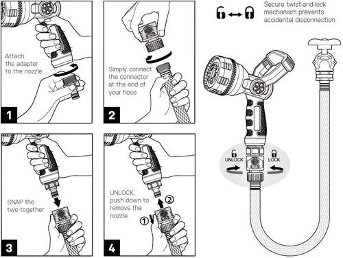 Eden 96806 Heavy-Duty Metal Fireman Hose Nozzle - 7 Spray Patterns & Quick Connect Set