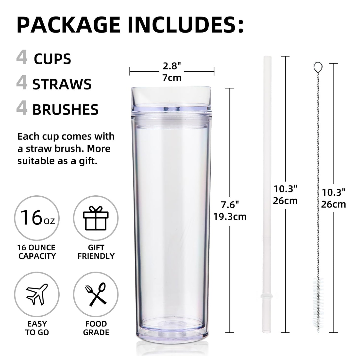Volhoply 16oz Plastic Skinny Tumbler with Lid and Straw Bulk 4 Pack,Insulated Double Wall BPA Free Matte Acrylic Tumblers,Iced Coffee Travel Mug Reusable Party Cup,Customizable Diy Gifts(Clear,4 Set)