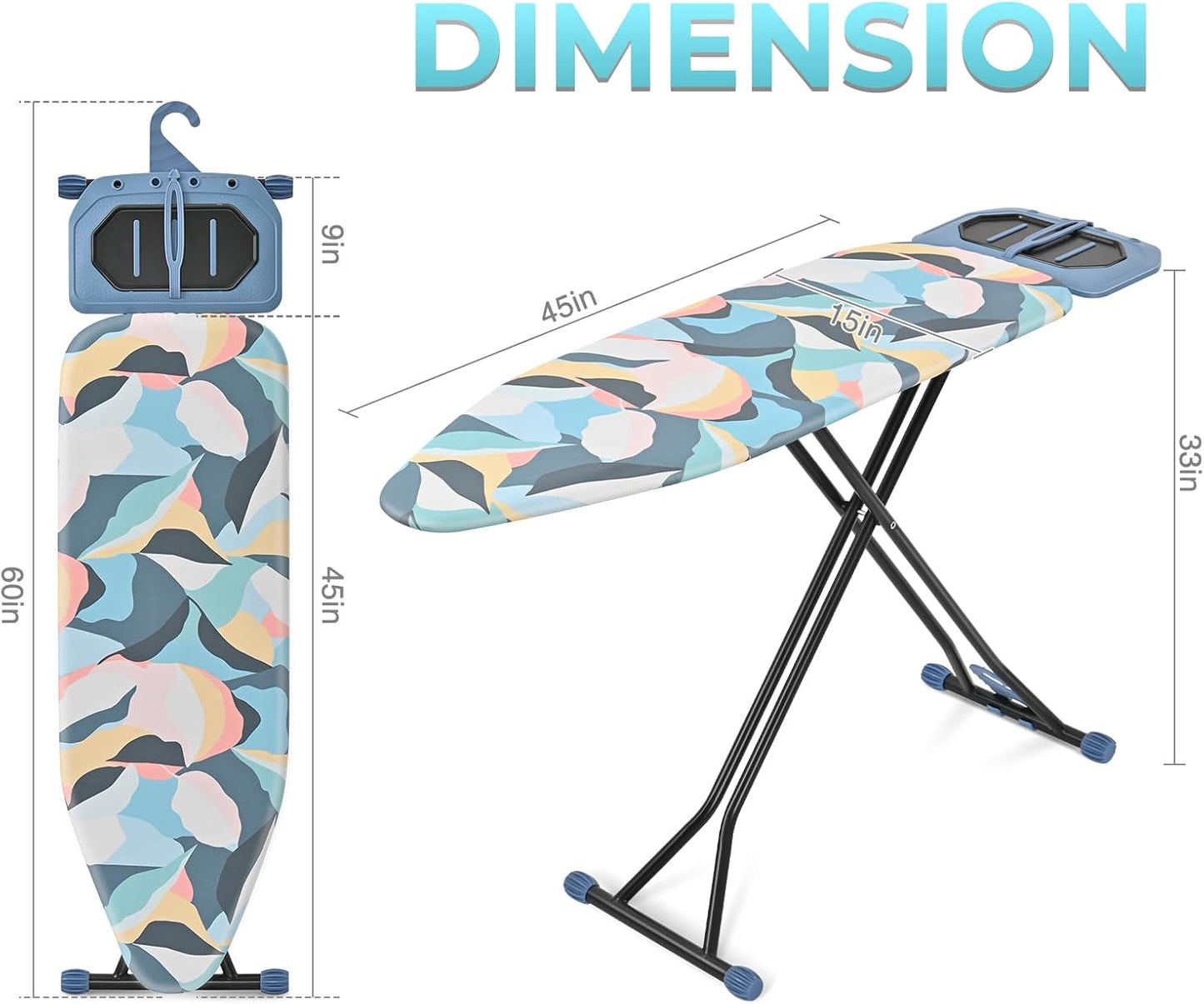 KINGBOARD Foldable Ironing Board - Heavy Duty Metal Panel with 7 Height Adjustments | Portable 45 x 15 Deep Blue