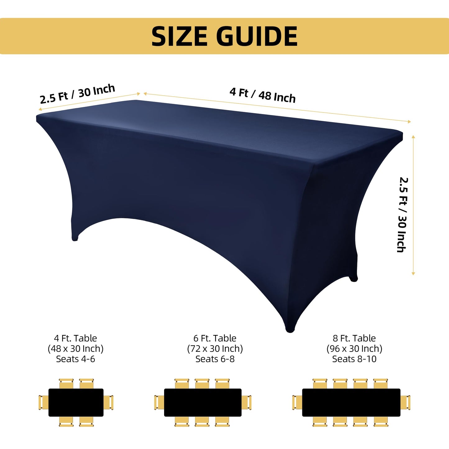 ZarzaaSik 6-Pack 4ft Spandex Table Covers for Rectangular Folding Tables - Wrinkle Resistant Stretch Tight Table Cloths - Ultimate Fitted Table Protector for Parties, Trade Shows, and Wedding